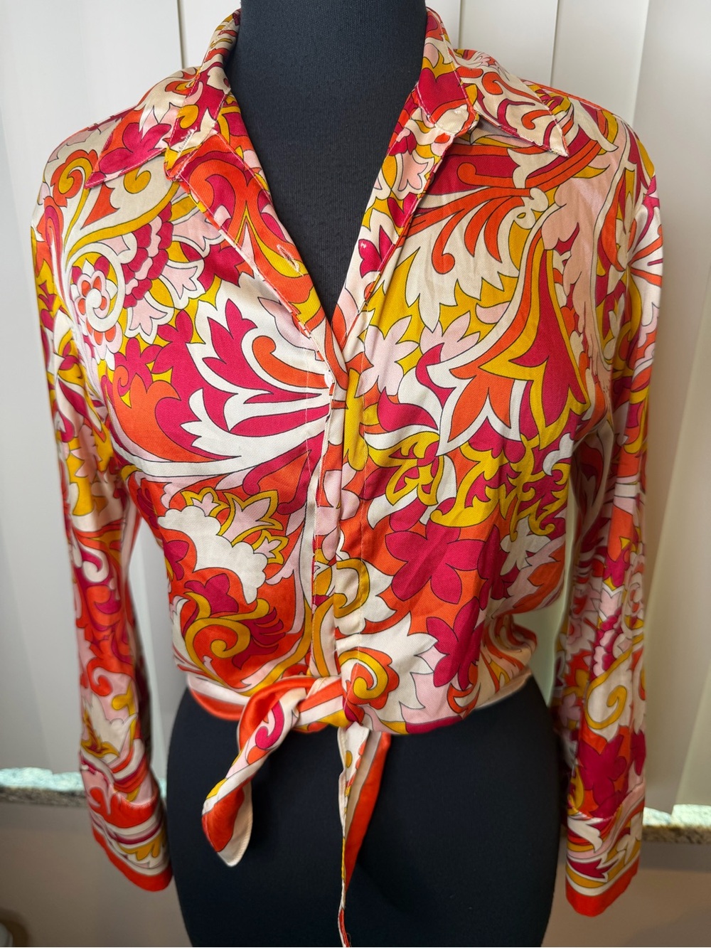 Zara Women's Tie-Front Blouse in Pink, Orange & Yellow Paisley Size XS